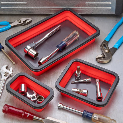 3PCS Foldable Metal Parts Tray Set Silicone Tool Organizer for Garage Repair