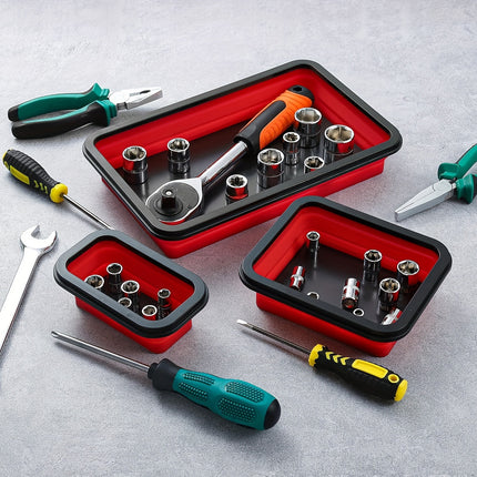 3PCS Foldable Metal Parts Tray Set Silicone Tool Organizer for Garage Repair