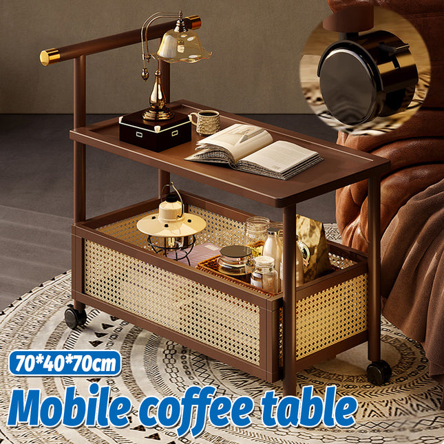 Bamboo Mobile Coffee Table with Wheels Movable Living Room Bedroom Space Saving