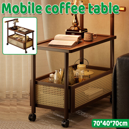 Bamboo Mobile Coffee Table with Wheels Movable Living Room Bedroom Space Saving
