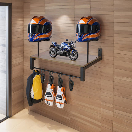 Wooden Wall Mounted Motorcycle Helmet Rack Gear Storage Shelf Sturdy Space Saving