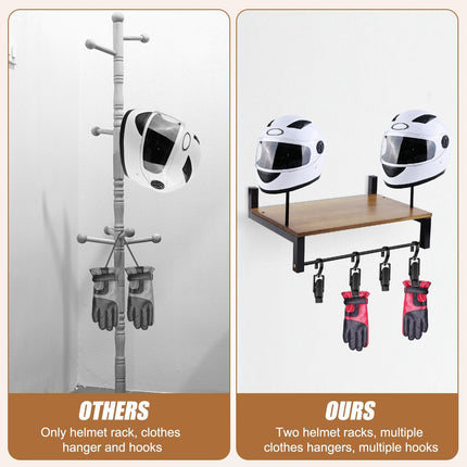 Wooden Wall Mounted Motorcycle Helmet Rack Gear Storage Shelf Sturdy Space Saving