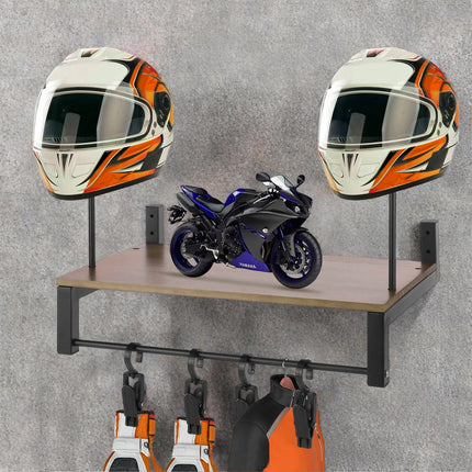 Wooden Wall Mounted Motorcycle Helmet Rack Gear Storage Shelf Sturdy Space Saving