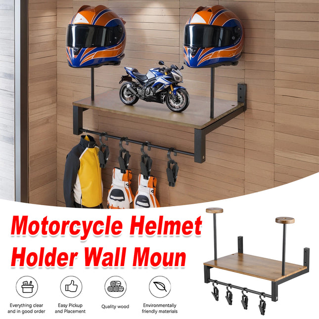 Wooden Wall Mounted Motorcycle Helmet Rack Gear Storage Shelf Sturdy Space Saving