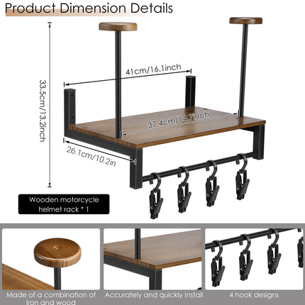 Wooden Wall Mounted Motorcycle Helmet Rack Gear Storage Shelf Sturdy Space Saving