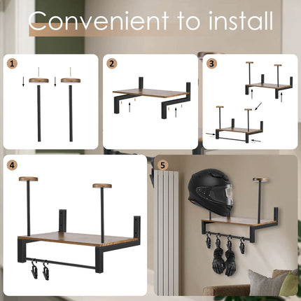 Wooden Wall Mounted Motorcycle Helmet Rack Gear Storage Shelf Sturdy Space Saving