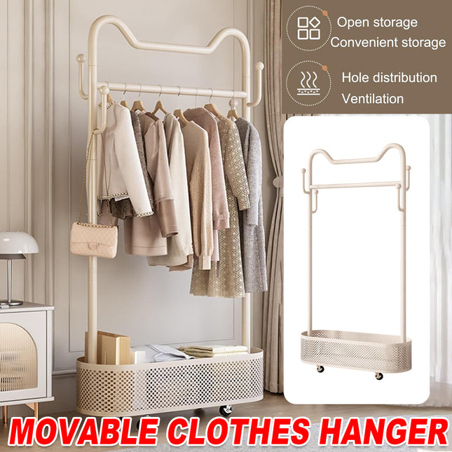 Movable Clothes Hanger with Wheels Rolling Garment Rack for Bedroom Storage Use
