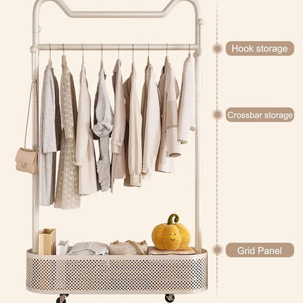 Movable Clothes Hanger with Wheels Rolling Garment Rack for Bedroom Storage Use
