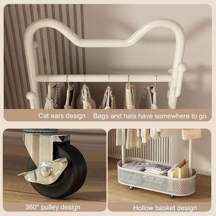Movable Clothes Hanger with Wheels Rolling Garment Rack for Bedroom Storage Use