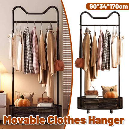 Moveable Clothes Rack 60x34x170cm Metal Frame Mesh Basket Hooks Wheels for Home