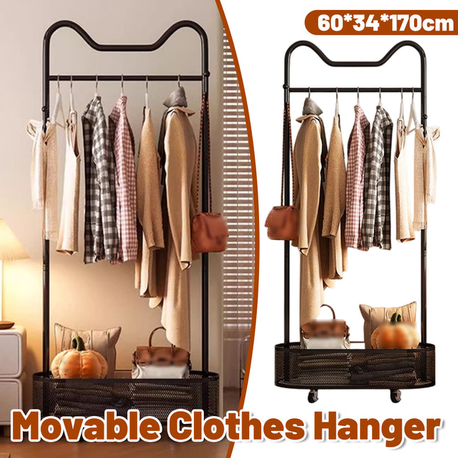 Moveable Clothes Rack 60x34x170cm Metal Frame Mesh Basket Hooks Wheels for Home