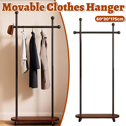 Portable Clothes Rack 60x30x175cm Metal Frame Wood Base Wheels for Bedroom