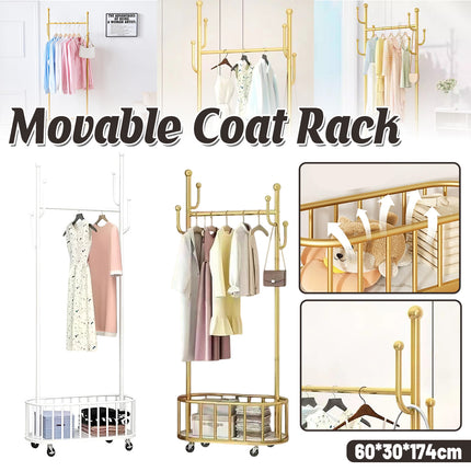 Home Floor Standing Movable Wheeled Hat Coat Rack Sturdy Durable Space Saving