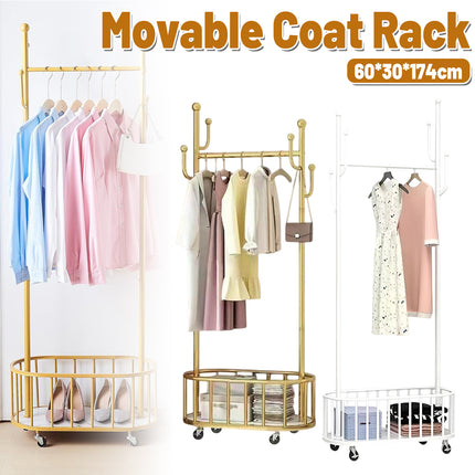 Home Floor Standing Movable Wheeled Hat Coat Rack Sturdy Durable Space Saving