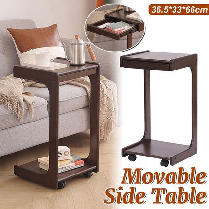 Solid Wood Rolling Coffee Table Mobile Side Table with Wheels 2-Tier Home Use