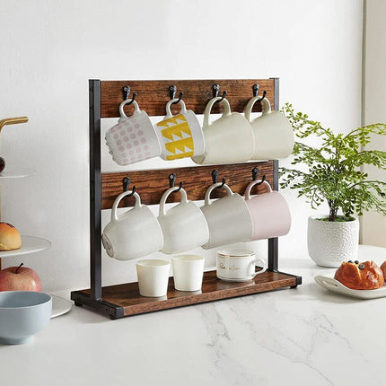 Wooden Mug Rack Coffee Cup Display Shelf Double Layer Rotating Holder Organizer
