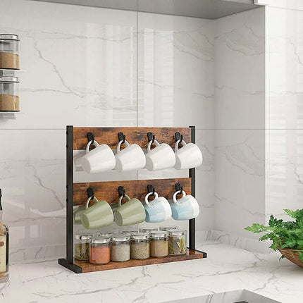 Wooden Mug Rack Coffee Cup Display Shelf Double Layer Rotating Holder Organizer