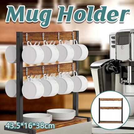 Wooden Mug Rack Coffee Cup Display Shelf Double Layer Rotating Holder Organizer