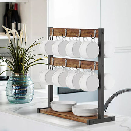 Wooden Mug Rack Coffee Cup Display Shelf Double Layer Rotating Holder Organizer