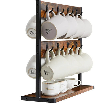 Wooden Mug Rack Coffee Cup Display Shelf Double Layer Rotating Holder Organizer