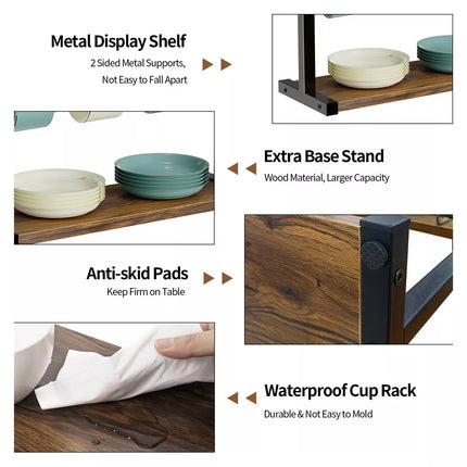 Wooden Mug Rack Coffee Cup Display Shelf Double Layer Rotating Holder Organizer