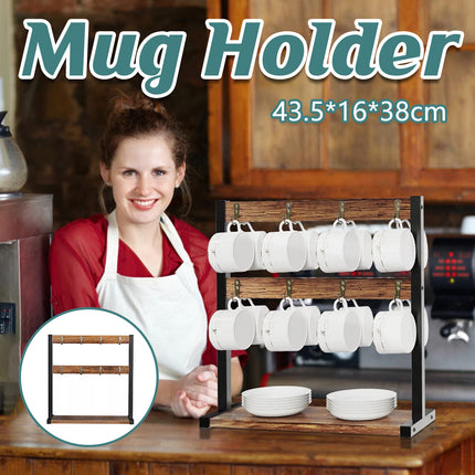 Wooden Mug Rack Coffee Cup Display Shelf Double Layer Rotating Holder Organizer