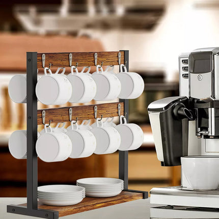 Wooden Mug Rack Coffee Cup Display Shelf Double Layer Rotating Holder Organizer