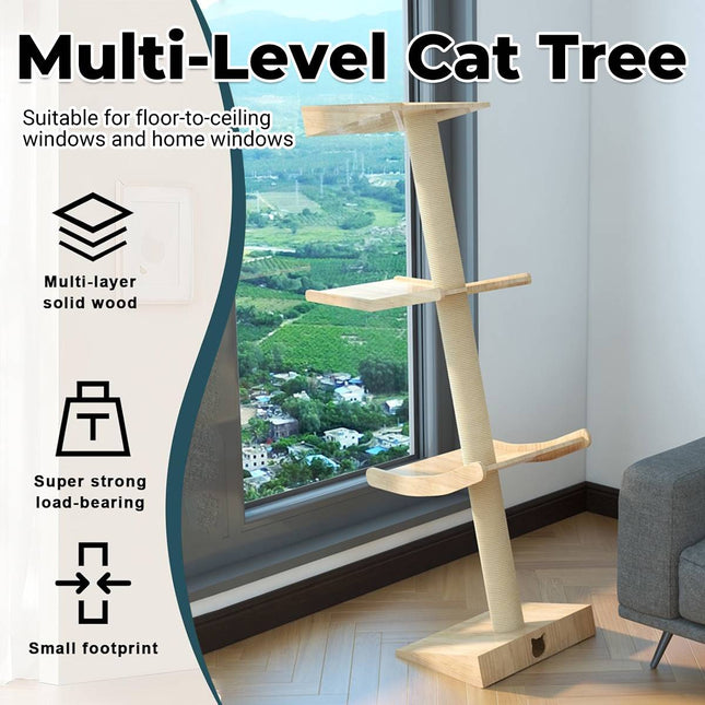Angled Single Column Cat Tree 150cm Wood Sisal 3 Levels