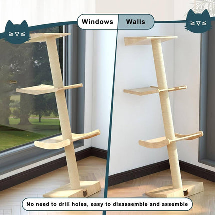 Angled Single Column Cat Tree 150cm Wood Sisal 3 Levels