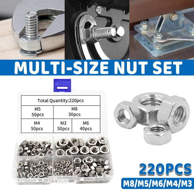 Stainless Steel Nuts 220pcs Nut Sets Hardware Fasteners Assortment Kit Nuts