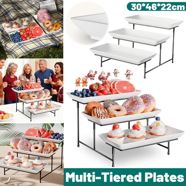 3 Tier Display Stand Black Metal Frame White Trays for Party Wedding Catering