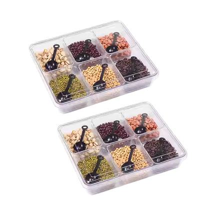 2PCS Clear Storage Container 6 Compartment Organiser Box with Lid and Spoons