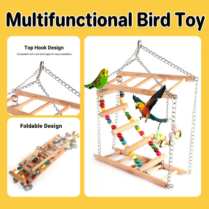 Bird Toy Ladder Double Layer Swing with Stair Ring Bell for Parrots Fun Durable