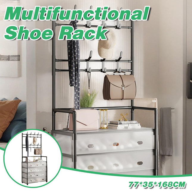 5-Layer Hall Tree with Metal Coat Rack Shoe Rack Entryway Storage Organizer Home