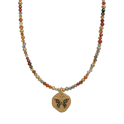 Colourful Zircon Beaded Necklace with Butterfly Pendant Adjustable Chain