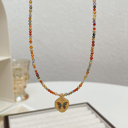 Colourful Zircon Beaded Necklace with Butterfly Pendant Adjustable Chain