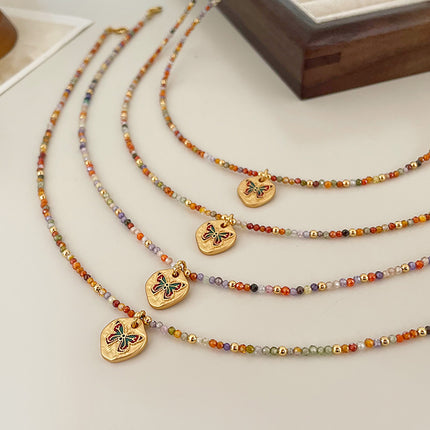 Colourful Zircon Beaded Necklace with Butterfly Pendant Adjustable Chain