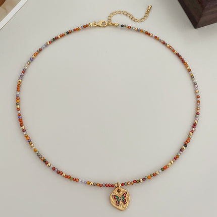 Colourful Zircon Beaded Necklace with Butterfly Pendant Adjustable Chain