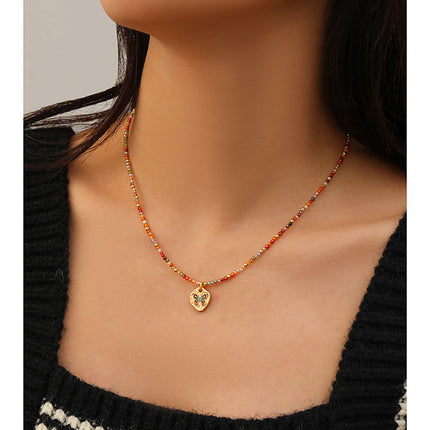 Colourful Zircon Beaded Necklace with Butterfly Pendant Adjustable Chain