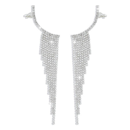 Bling Dangle Drop Tassel Earrings Long Tassel Rhinestone Rhinestone Earrings - Aimall