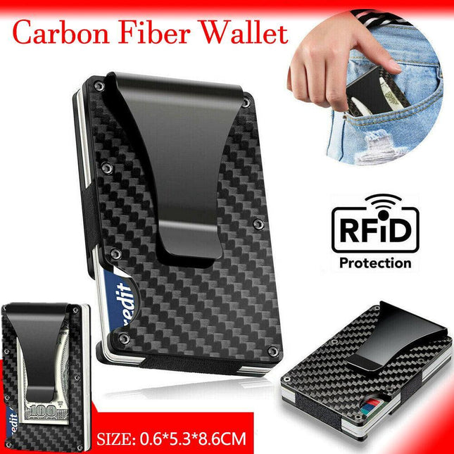 Men Slim Carbon Fiber Credit Card Holder RFID Blocking Metal Money Clip Wallet - Aimall