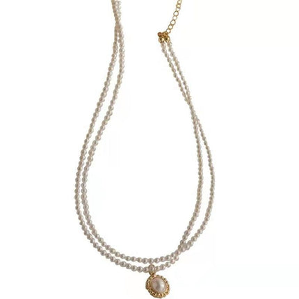Retro Double Layer Women Necklace Pendant Necklace Clavicle Chain Pearl Choker - Aimall