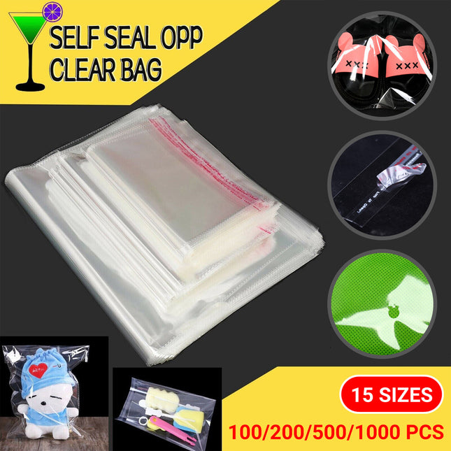 Multi-size Clear Self-Seal Cellophane Bags - Bulk Adhesive Opp