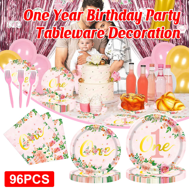 96pcs 1st Birthday Party Supplies Set Tableware Decorations for Birthday