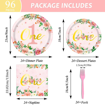 96pcs 1st Birthday Party Supplies Set Tableware Decorations for Birthday