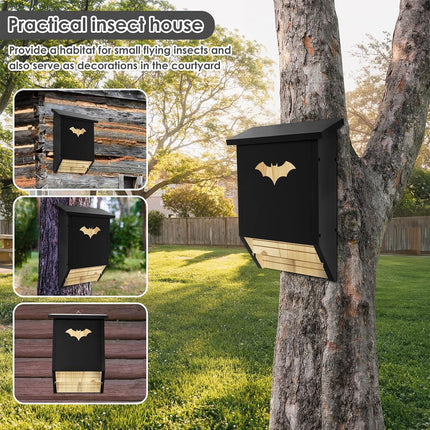 Cedar wood bat box product detail view showing natural wood base and black weatherproof exterior
