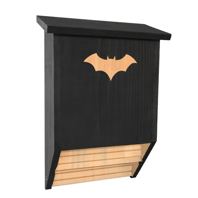 Black wooden bat house front view on white background - outdoor bat box with bat-shaped cutout design