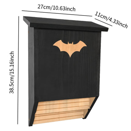 Wooden bat house dimensions 27x11x38.5cm with bat cutout - outdoor bat box size chart for garden installation