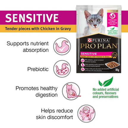 Pro Plan Adult Sensitive Wet Cat Food Chicken In Gravy 85gX12