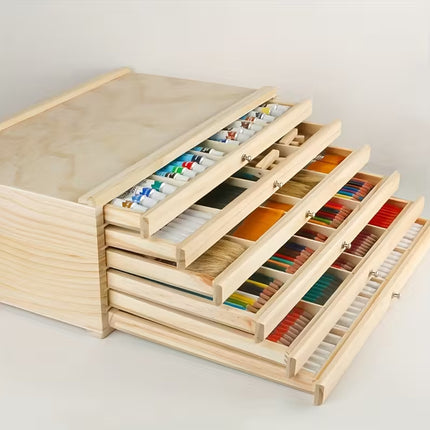 6 Tier Pine Wood Drawer Paintbrush Storage Box Art Case Organizer Artist Sketch